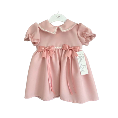Pink Double Bow Dress With Collar And Frill Sleeve