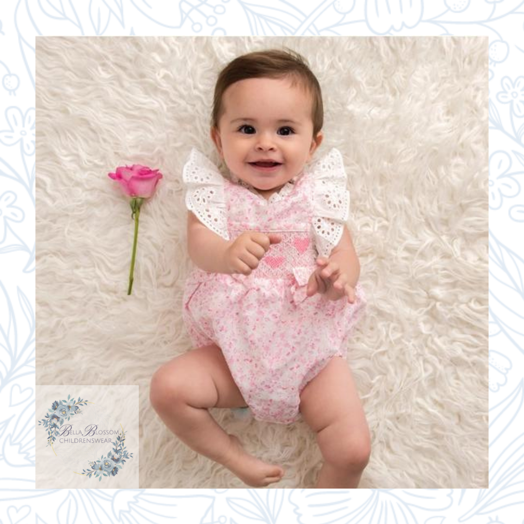 Caramelo Smocked Heart Floral Romper