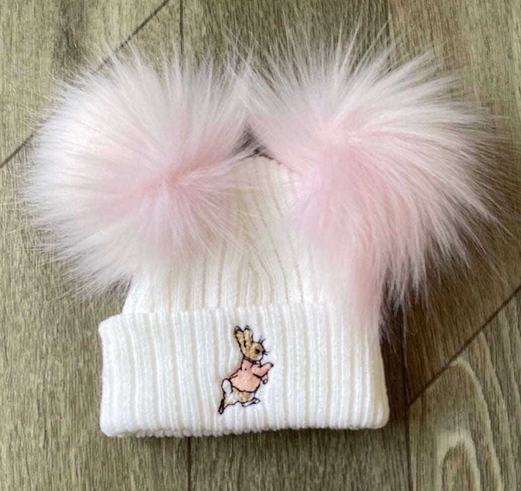 Baby Girls Peter Rabbit Hat - Embroidered Pom Pom Knitted Hat
