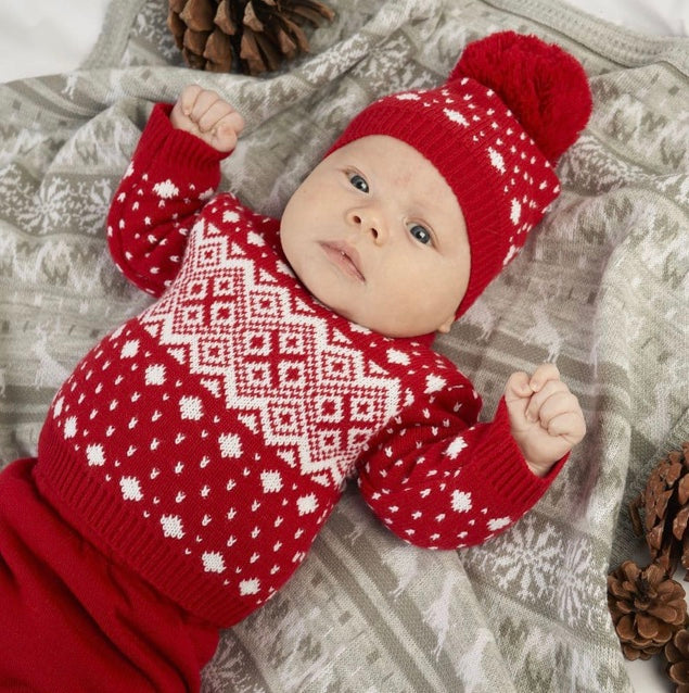 Baby 3 Piece Jumper Leggings and Hat set Fair Isle 3 Piece Knitted Outfit