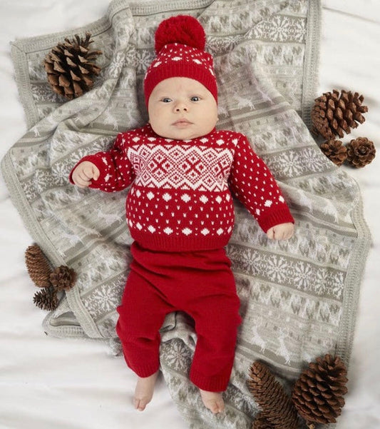 Baby 3 Piece Jumper Leggings and Hat set Fair Isle 3 Piece Knitted Outfit