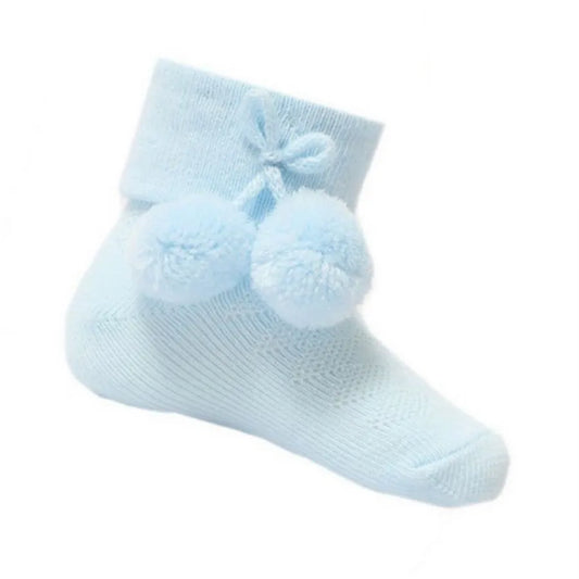 Baby Blue Ankle Socks - Toddler Blue Pom Pom