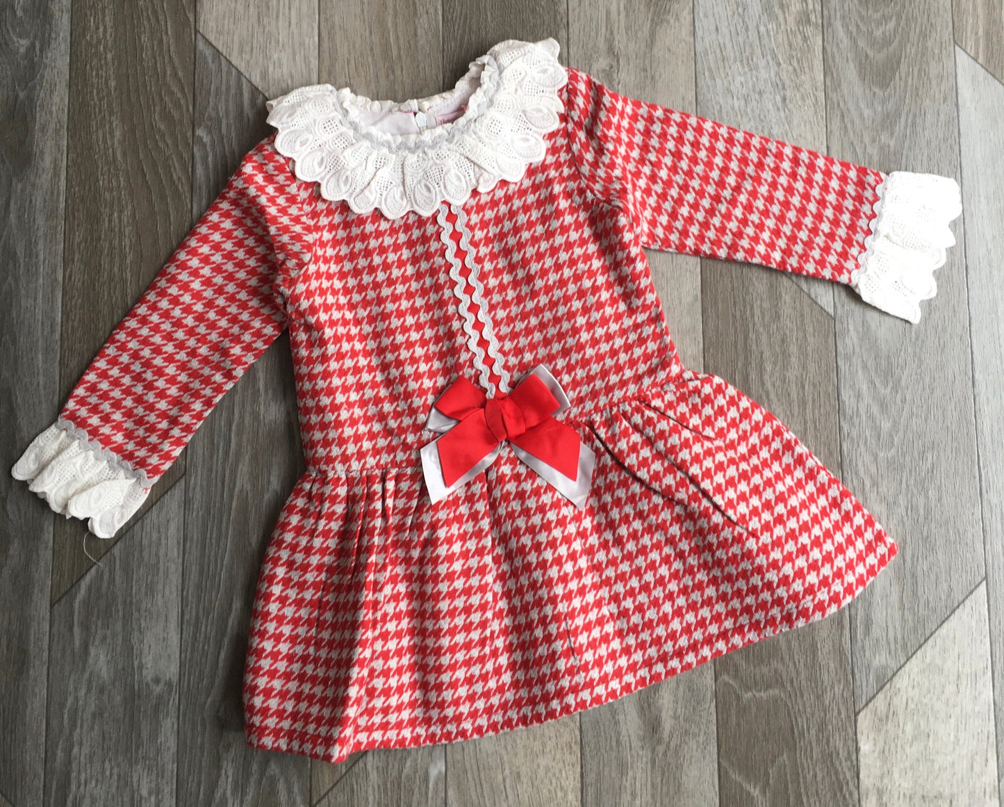 Girls Red & Grey Dogtooth Pattern Dress