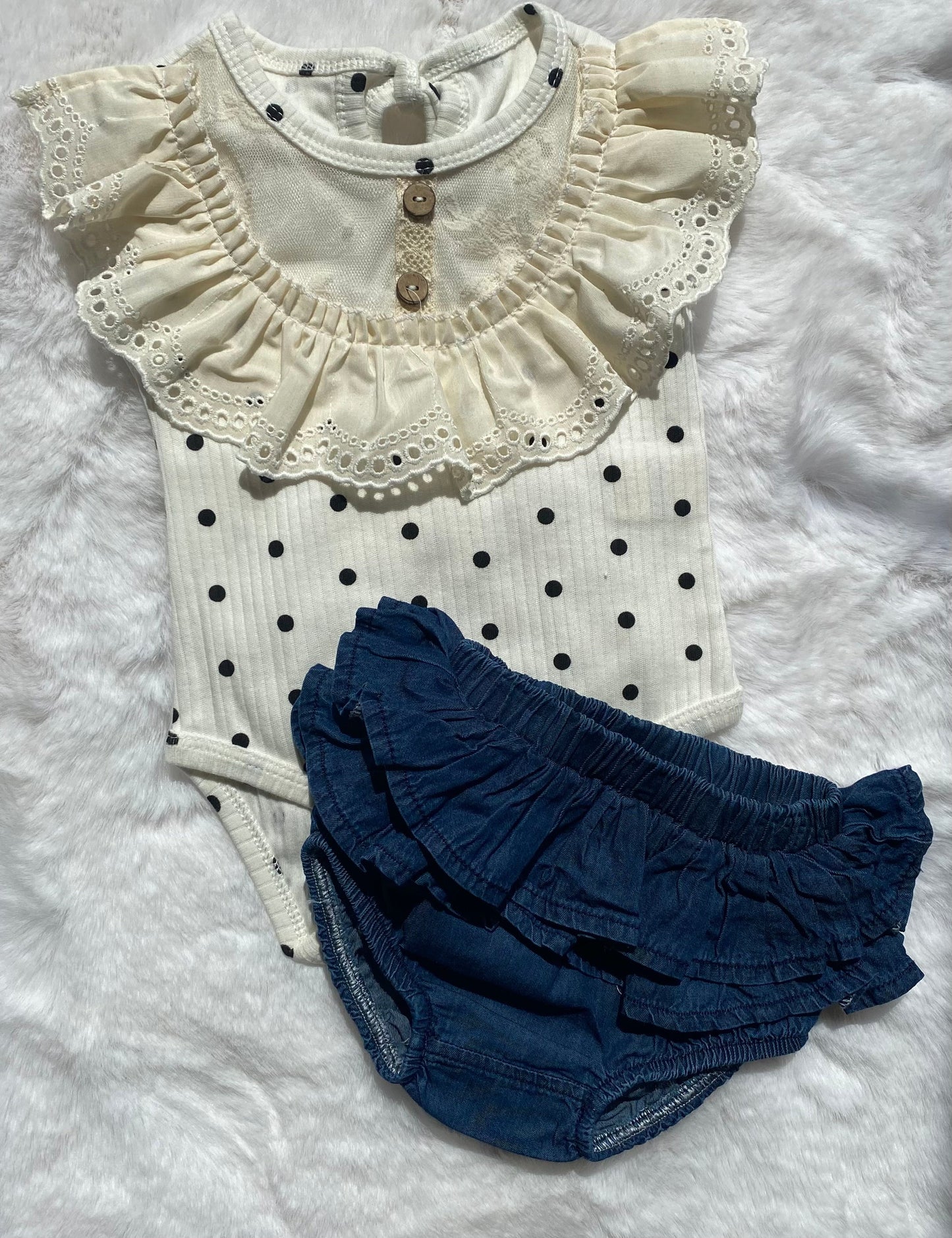 Baby Girls Two Piece Frilly Spanish Polka Dot Romper & Denim Panties Sets